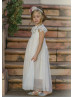 Cap Sleeve Ivory Lace Tulle Keyhole Back Flower Girl Dress